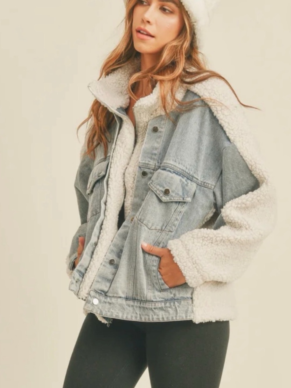 NWOT Mable Women’s Sherpa-Lined Light Blue Denim Teddy Jacket with Cream Trim - Picture 5 of 14